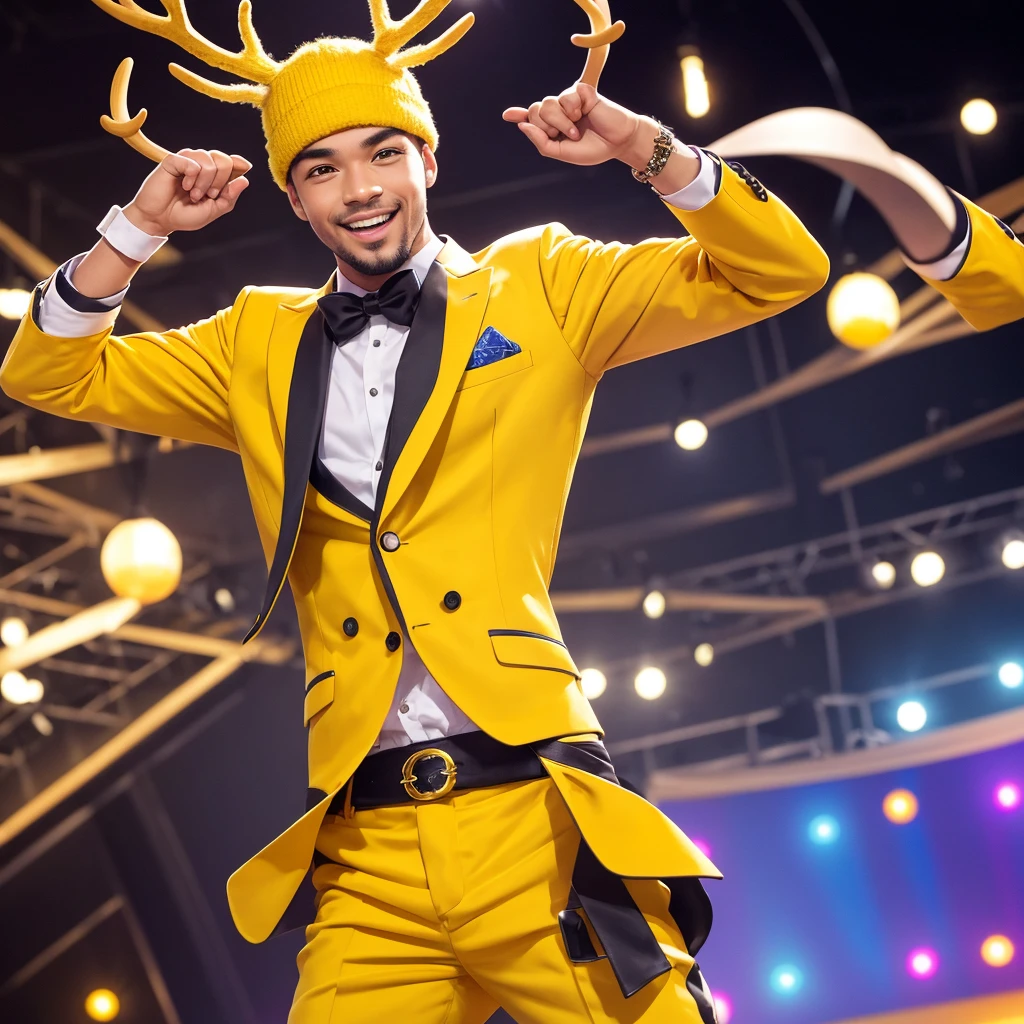 Create an image of a lively and charismatic man representing an MBTI entertainer (ESFP) type. He is wearing a bright yellow outfit that showcases his sociable and energetic nature. He has playful deer antlers growing from his head, adding a whimsical and entertaining touch to his appearance. The background should be a vibrant and festive setting that reflects his love for excitement and being the center of attention.
