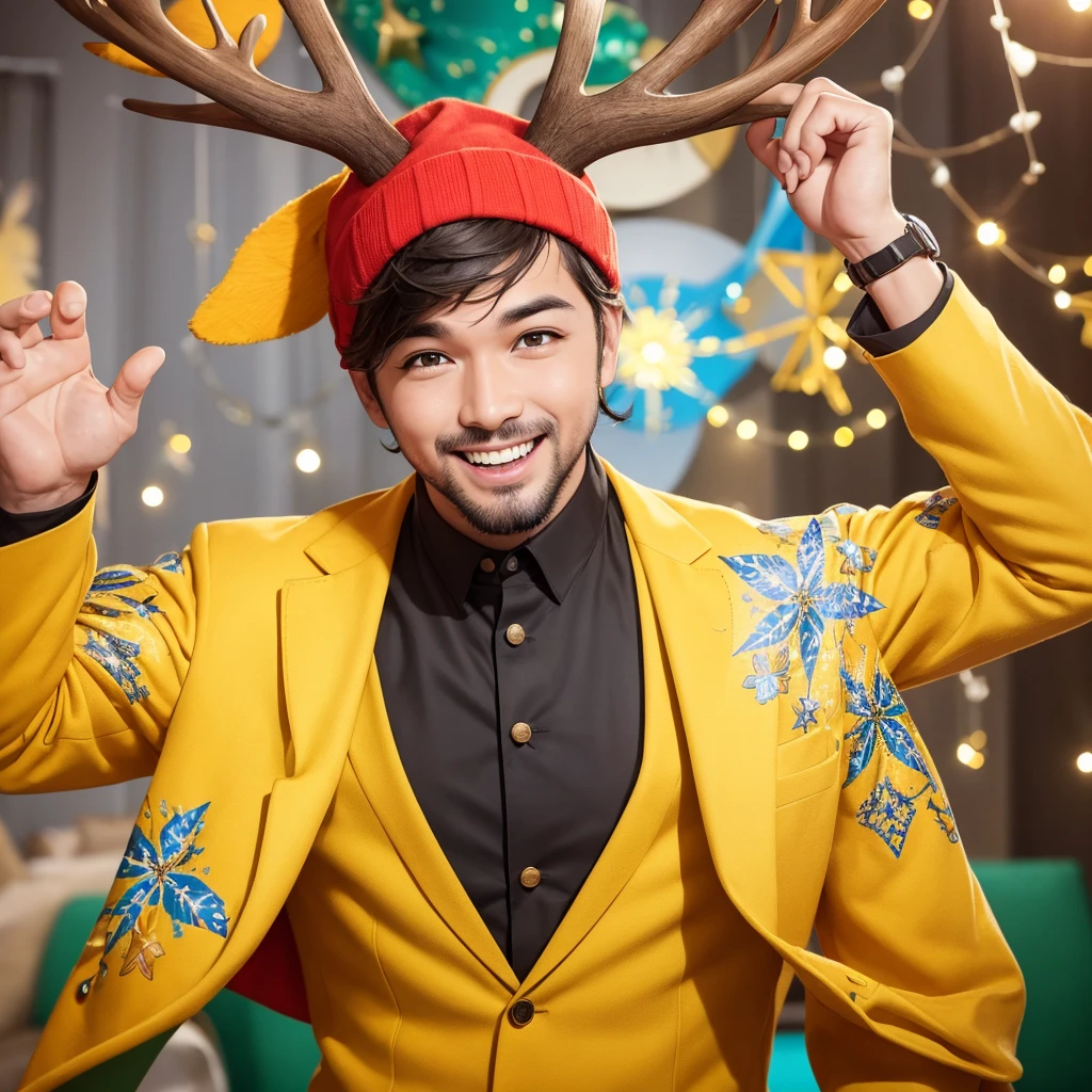 Create an image of a lively and charismatic man representing an MBTI entertainer (ESFP) type. He is wearing a bright yellow outfit that showcases his sociable and energetic nature. He has playful deer antlers growing from his head, adding a whimsical and entertaining touch to his appearance. The background should be a vibrant and festive setting that reflects his love for excitement and being the center of attention.