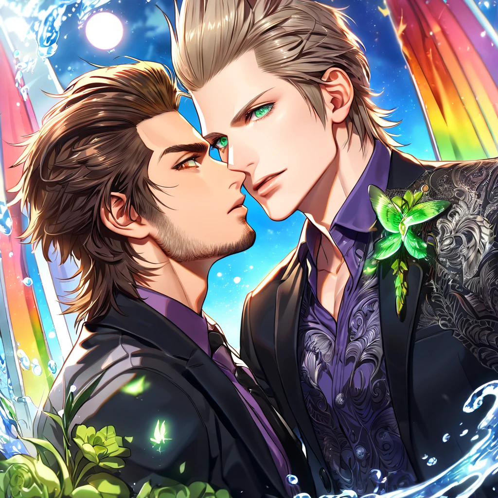 absurdres, highres, ultra detailed, HDR, master piece, best quality, extremely detailed, Ignis Scientia, brown hair, slicked up hair, expressive green eyes, Final Fantasy XV, Gladiolus Amicitia, brown hair, expressive brown eyes, two sexy men together, gay couple, yaoi, handsome, black jacket, purple shirt, black gloves, fantasy, magic, sparkling, water, moon, green flowers, green butterflies