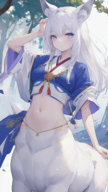 (best quality, masterpiece), 1 girl, centaur, It takes, White skin, Japanese , exposing the abdomen,belly button t-shirt, beautiful girl perfect wolf photo, perfect wolf photo