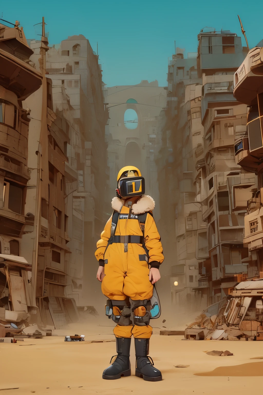 full body image, (ultra detailed,ultra high res,detailed background),((2D)),((flat color)),((muted color)), 1solo, looking at viewer, baggy blue flight suit, large shearling collared bomber jacket, (big yellow galoshes), plush collar, full body image, wearing vr goggles, ((baron desert intricut background)), ((apocalyptic city)), entire body in frame, ((drone next to her))