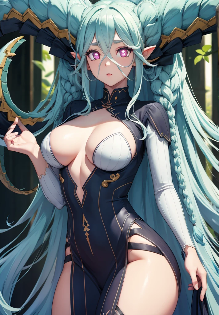 tiamat, tiamat, absurdly long hair, aqua hair, braid, curled horns, gradient hair, horns, long horns, multicolored hair, pink eyes, pointy ears, symbol-shaped pupils, twin braids, (x-shaped pupils:1.5),
BREAK ,
BREAK looking at viewer,
BREAK outdoors,
BREAK (masterpiece:1.2), best quality, high resolution, unity 8k wallpaper, (illustration:0.8), (beautiful detailed eyes:1.6), extremely detailed face, perfect lighting, extremely detailed CG, (perfect hands, perfect anatomy),