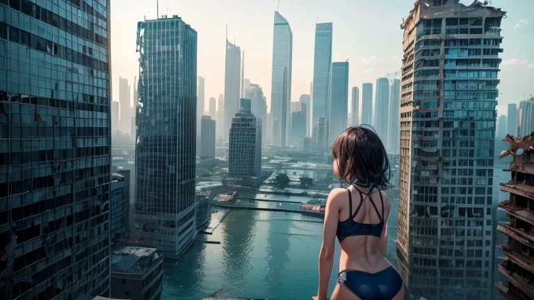 Submersion　In the water　Multi-tenant building　Seawater corroded concrete　forest　Collapsed skyscrapers　Dilapidated atmosphere　rubble　View from the rooftop　The back of a girl in a school swimsuit　lake