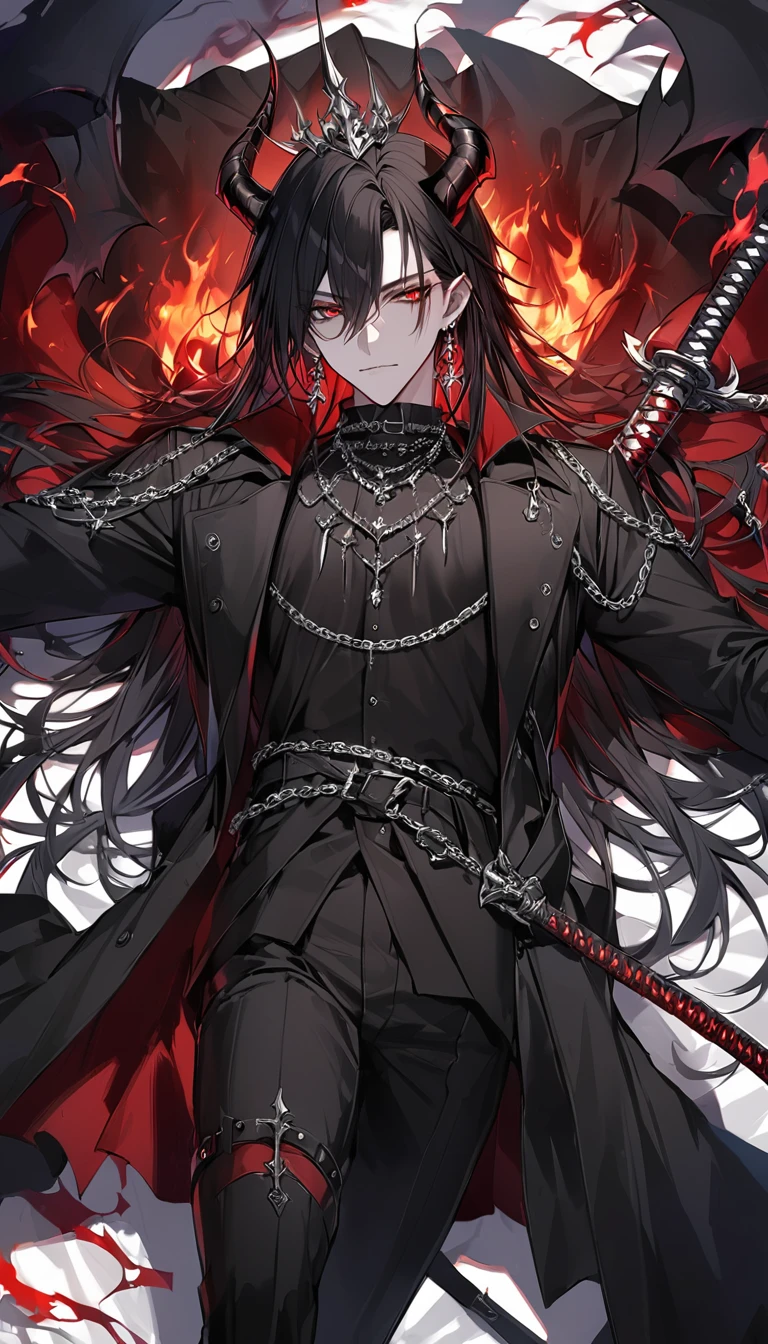 alone, good looking, 1 male, Long hair, Middle parted, Black hair, Red eyes, Black shirt, White Thailand, Black Trench Coat, Royal Silver Jewellery, Royal Demon Earrings, Black horns, Demon Crown, Demonic Katana, Chain, On Back, Demonic Black flames Aura, vtuber Character Design sheet