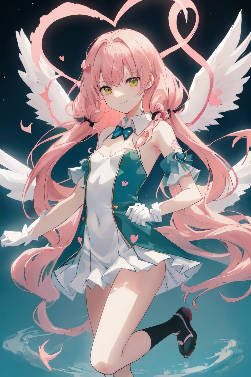 1_girl, (anime, kawai:2), (masterpeice, best_quality, clean:1.5), (sky_background:1.2), (cute, cute_smile, young:1.8), (delicate, extremely_delicate, beautiful, thin:1.5), (girlfriend, angel:1.8), (green_eyes, simple_eyes:1.8) (long_hair, blond_hair, wearing_pink_dress, pink_angel_wings, black_gloves:1.5), extremely_delicate, (love_magic:1.5), (age_size_fits_body), (small_thighs:1.3), (breasts), (eye_level:1.3), (heart_magic, love:1.5), (folded_legs:1.5), (combat:1.2)