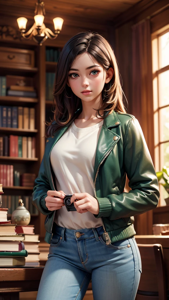 Inside the quaint bookstore, the warm light from the chandeliers illuminates rows of books. Sarah, in her green jacket over a white shirt and blue jeans, sees Mark, the kind-hearted man from the ID, arranging books on a shelf. He's wearing a brown leather jacket and black boots. (best quality, 4k, 8k, highres, masterpiece:1.2), ultra-detailed, (realistic, photorealistic, photo-realistic:1.37), indoor, soft lighting, lively atmosphere).