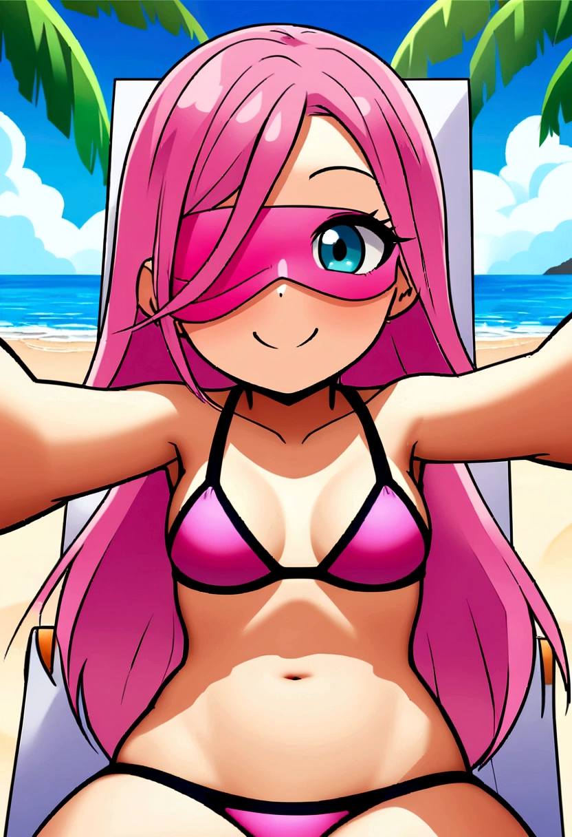 Clash of Clans video game style art, White skinned girl, turquoise eyes, abundant pink hair, ((pink mask that covers around your eyes, only the eyes)), selfie and bikini, cheered up, color, small breasts, lying on beach chair, beach background, sexy, SMILE.