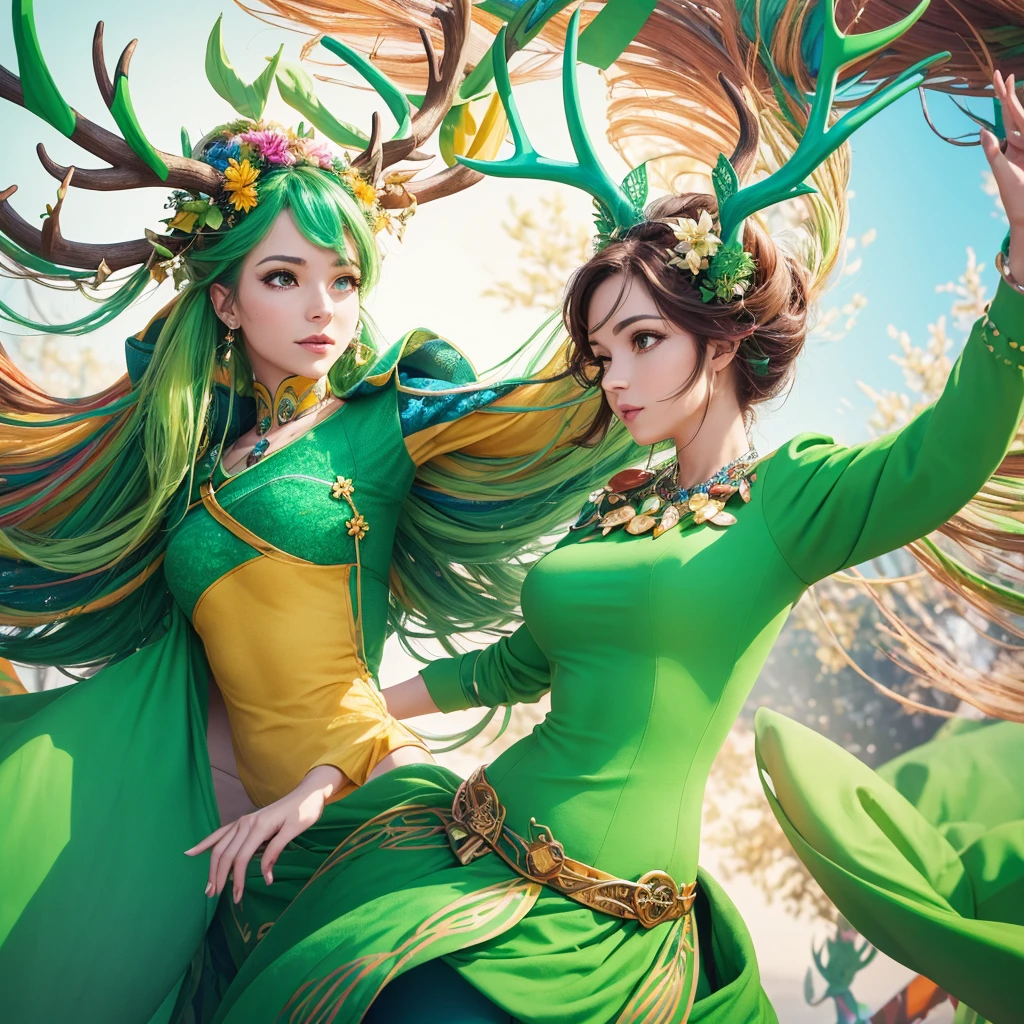 Create an image of a vibrant and creative woman representing an MBTI campaigner (ENFP) type. She is wearing a lively green outfit that highlights her enthusiasm and individuality. She has elegant deer antlers growing from her head, adding a unique and whimsical touch to her appearance. The background should be a colorful and imaginative setting that reflects her love for new experiences and her spontaneous nature.
