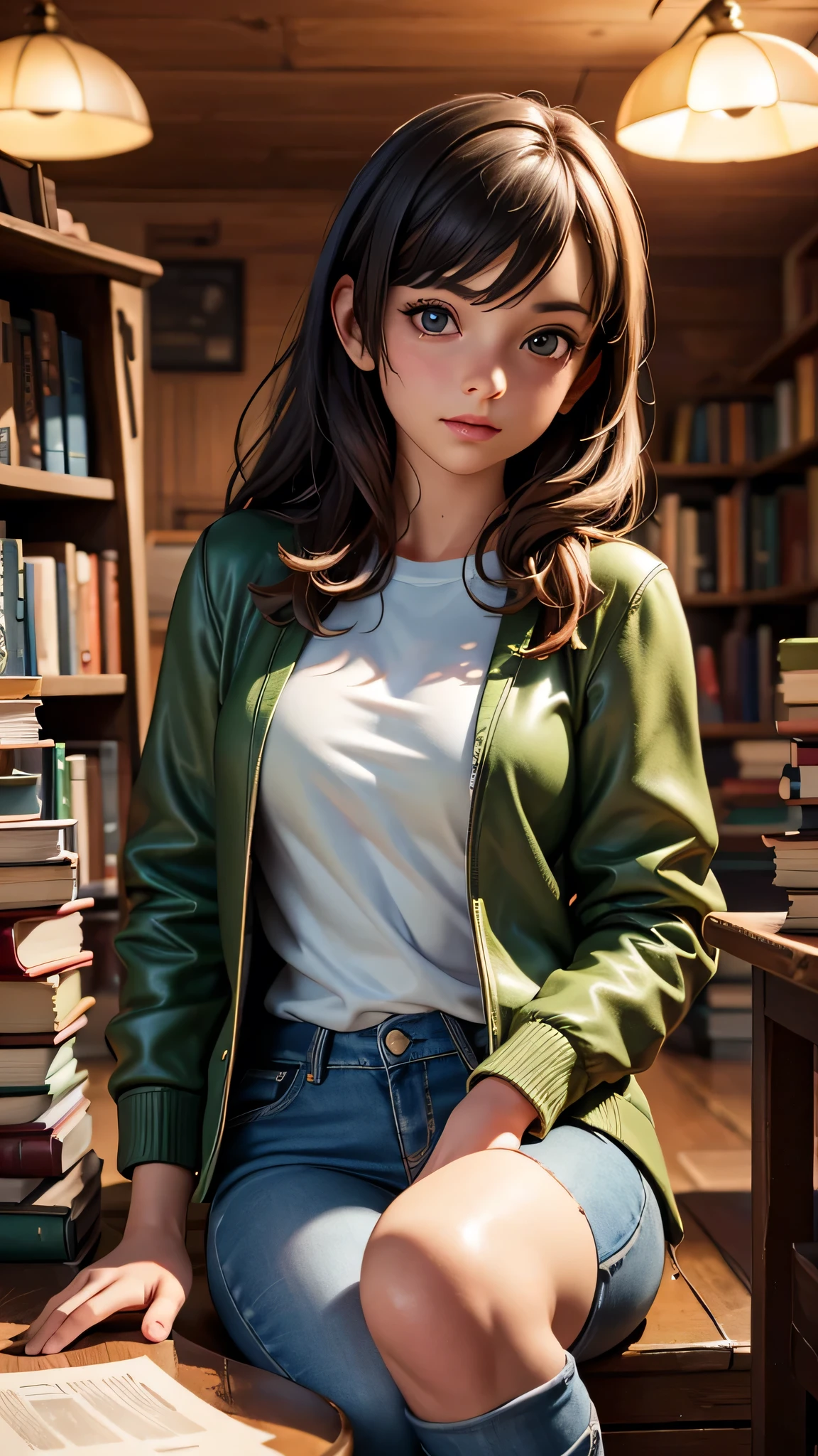 Inside the quaint bookstore, the warm light from the chandeliers illuminates rows of books. Sarah, in her green jacket over a white shirt and blue jeans, sees Mark, the kind-hearted man from the ID, arranging books on a shelf. He's wearing a brown leather jacket and black boots. (best quality, 4k, 8k, highres, masterpiece:1.2), ultra-detailed, (realistic, photorealistic, photo-realistic:1.37), indoor, soft lighting, lively atmosphere).