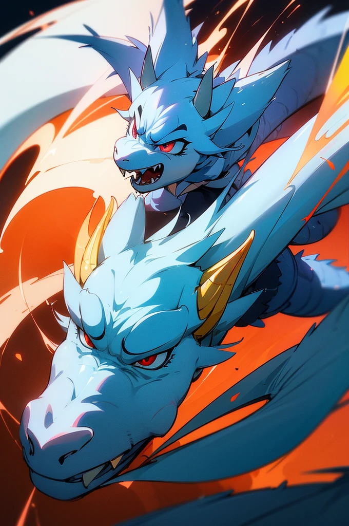 Blue white dragon, Claw, Red eyes, Masterpiece, 
Best Quality, ultra detailed, photorealistic, extremely delicate, 
(Dragon Chino:1.2), Long body, flying, 
roar, breathing flames, 
dynamic angle, intense angle, cinematic lighting,