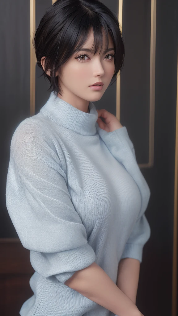(masterpiece:1.3), (8K, Realistic, RAW Photos, Highest quality: 1.4), (One girl), Beautiful Face, (Realistic Face), (Black Hair, short hair:1.3), Beautiful hairstyle, Realistic eyes, Beautiful attention to detail, (Realistic Skin), Beautiful Skin, (sweater), Absurd, Charm, Ultra-high resolution, Ultra-realistic, Very detailed, Golden Ratio