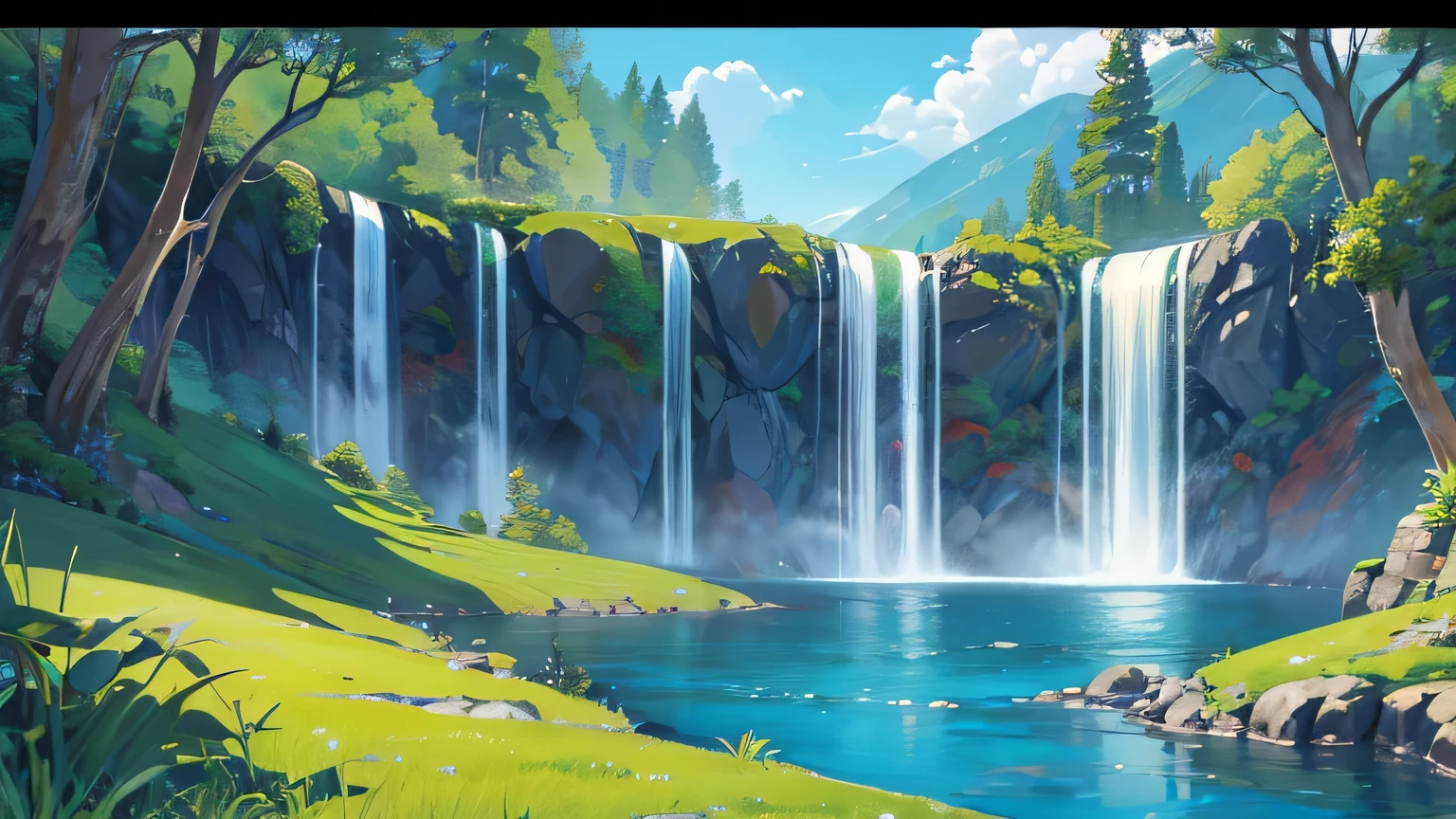 anime scene of a valley with many waterfalls, it's in the morning, there are many flowers and green grass, there is a small water mill next to the waterfall