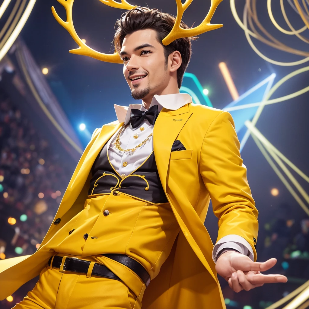 Create an image of a lively and charismatic man representing an MBTI entertainer (ESFP) type. He is wearing a bright yellow outfit that showcases his sociable and energetic nature. He has playful deer antlers growing from his head, adding a whimsical and entertaining touch to his appearance. The background should be a vibrant and festive setting that reflects his love for excitement and being the center of attention.