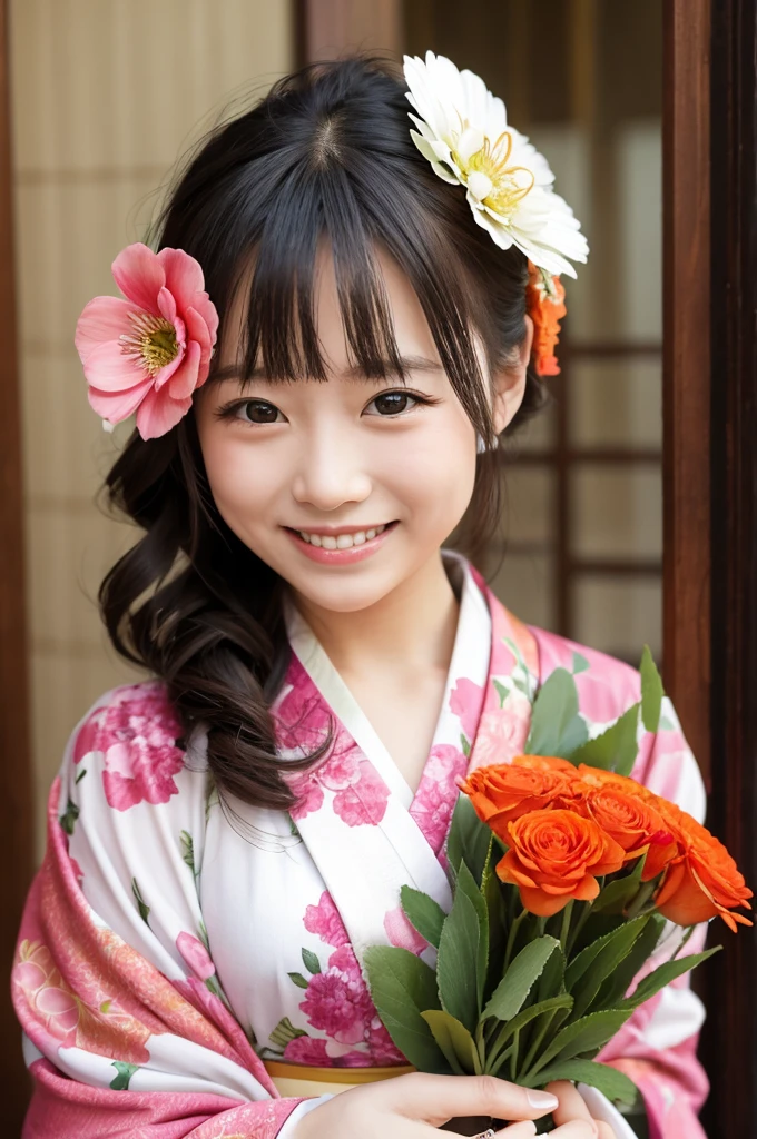 Holding a bouquet, wearing a flower ring on the head, cute, smiling, kimono, short