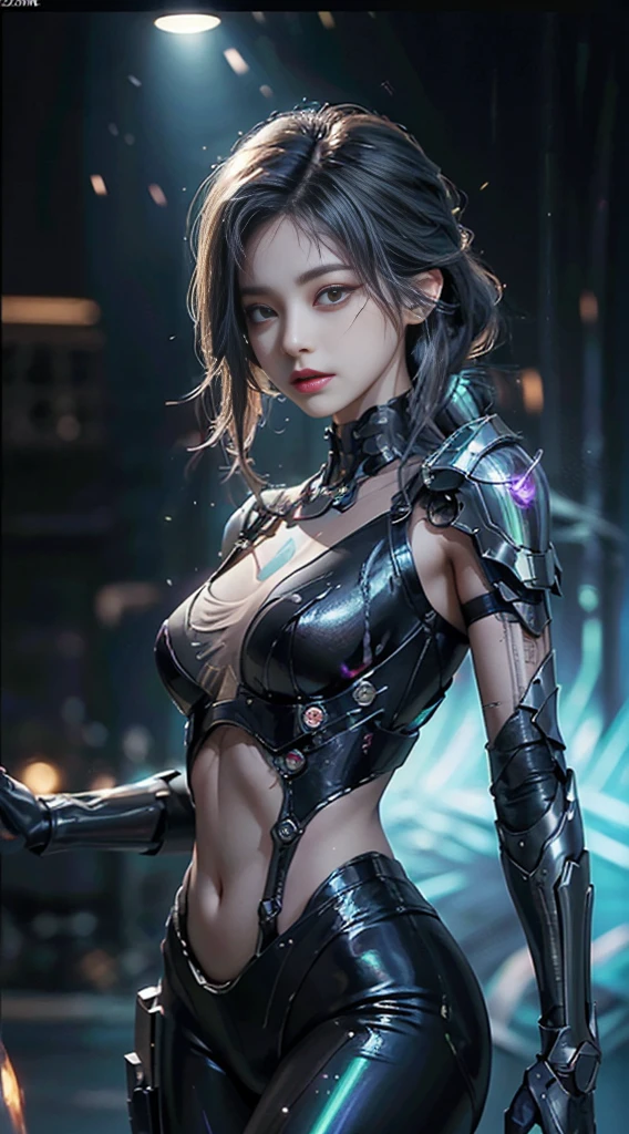 (From the front:1.5), (1机械女孩:1.5),whole body, Solitary, Slim waist, Thick thighs, (machine made joints:1.2),(Mechanical limbs:1.1),(Blood vessels connected to the tubes),(A mechanical vertebrae attached to the back),(Mechanical cervical fixation), Light on armor, Mecha head mirror, (Glowing arm:1.5), (Laser Eyes:1.5), Poker face, Huge breasts, rich and colorful,Human Development Report, Ray Tracing, nvidia RTX, Super Resolution, Unreal 5, Subsurface scattering, PBR Textures, Post-Processing, Anisotropic filtering, Depth of Field, Maximum clarity and sharpness, Rule of Thirds, 16K Raw, (Glowing particles:1.4), Extremely detailed的 CG, Unity 8K wallpaper, 3d, lighting, lens flare, Reflection, Clear focus, Cyberpunk Art, Practical, highly detailed CG illustration, Extremely delicate and beautiful, light, (photoPractical:1.5), (Dark background:1.5),Dynamic Angle, masterpiece, best quality, Extremely detailed, illustration, 详细的light, dramatic_shadow,face shadow,Very detailed,The best show,