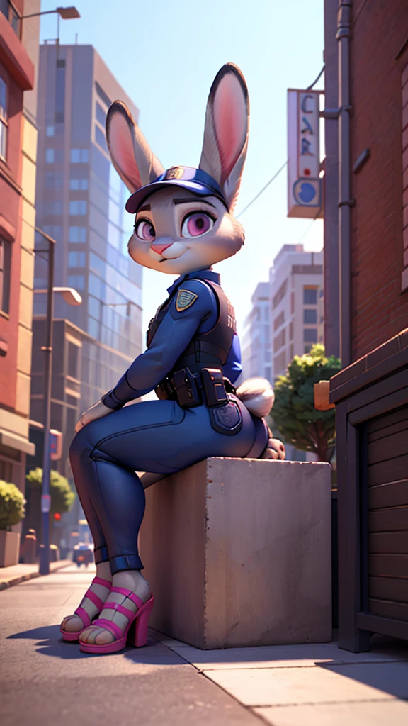Furry female anthro, full body, 8k, film, masterpiece quality, semi realistic, high detail, big ass, short skinny police uniform, pink sandals, judy hopps, it's sitting,(best quality), 3d pixar style, side 1 female