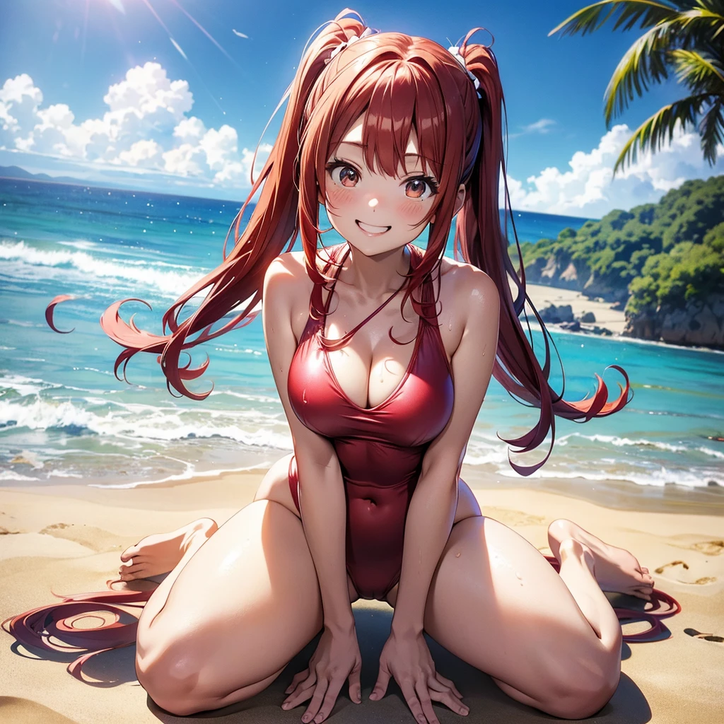 ore no imouto ga konna ni kawaii wake ga nai, 25-yers-old girl with crimson red hair - pulled up into twintail, wearing an anime one piece swimsuit, smiling, beach cove background, full body portrait