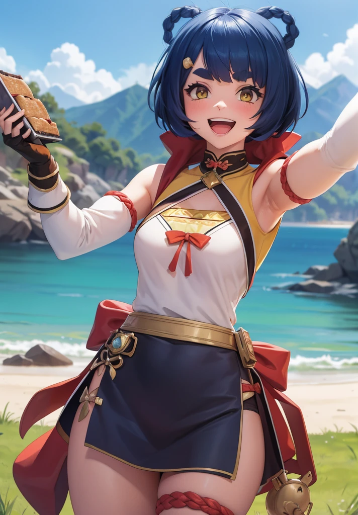 Masterpiece, Best Quality, 1 girl, Xiangling (genshin impact), selfie, SMILE, hair ornament, IN, looking at the viewer, yellow eyes, short hair, :d, fringe, hair pin, Open mouth, long sleeves, thick eyebrows, Hoodie, >_<, blue hair, puesta de sun, Casual, blurred, Arm raised, fringe romo, Upper part of the body, suno, disfraz alternatiINo, sun, reaching the viewer, Xd, sweater, outdoor, braid, panda, mountain, depth of field, sky