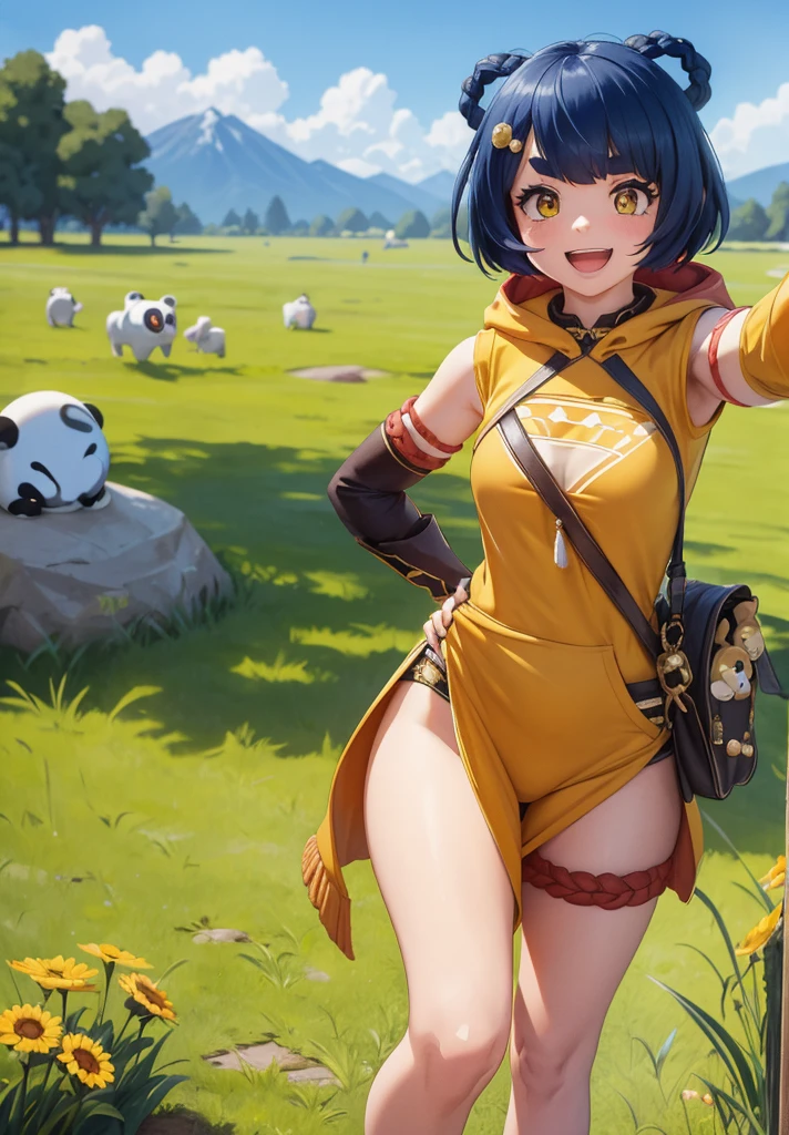 Masterpiece, Best Quality, 1 girl, Xiangling (genshin impact), selfie, SMILE, hair ornament, IN, looking at the viewer, yellow eyes, short hair, :d, fringe, hair pin, Open mouth, long sleeves, thick eyebrows, Hoodie, >_<, blue hair, puesta de sun, Casual, blurred, Arm raised, fringe romo, Upper part of the body, suno, disfraz alternatiINo, sun, reaching the viewer, Xd, sweater, outdoor, braid, panda, mountain, depth of field, sky