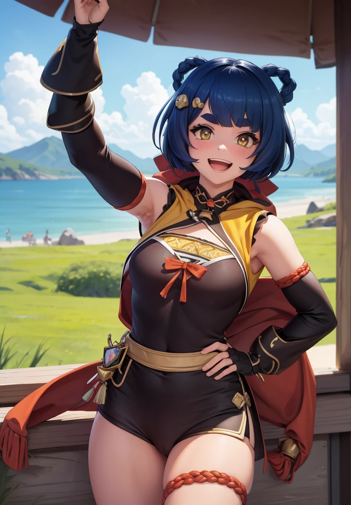 Masterpiece, Best Quality, 1 girl, Xiangling (genshin impact), selfie, SMILE, hair ornament, IN, looking at the viewer, yellow eyes, short hair, :d, fringe, hair pin, Open mouth, long sleeves, thick eyebrows, Hoodie, >_<, blue hair, puesta de sun, Casual, blurred, Arm raised, fringe romo, Upper part of the body, suno, disfraz alternatiINo, sun, reaching the viewer, Xd, sweater, outdoor, braid, panda, mountain, depth of field, sky