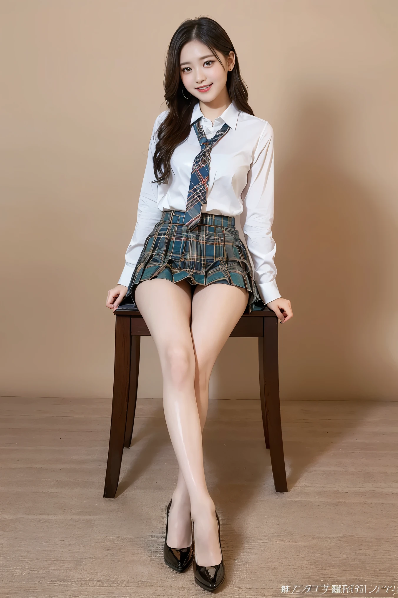 (8k), (highest quality: 1.2), (Realistic), (Realistic: 1.37), Ultra-high resolution, (1 girl), cute, blush,Embarrassed smile, Beautiful details, Beautiful Nose, straight Hair, Giant Dulcefo, pork, Thighs,Self Snap,University Uniforms,(A simple ノースリーブシャツ:1.5),(Pleated skirt:1.2),(The skirt and tie are tartan check pattern.:1.3),(Sitting:1), (Sit on the chair),(Hold my feet:1),(Shiny legs:1.5),from the front,knees