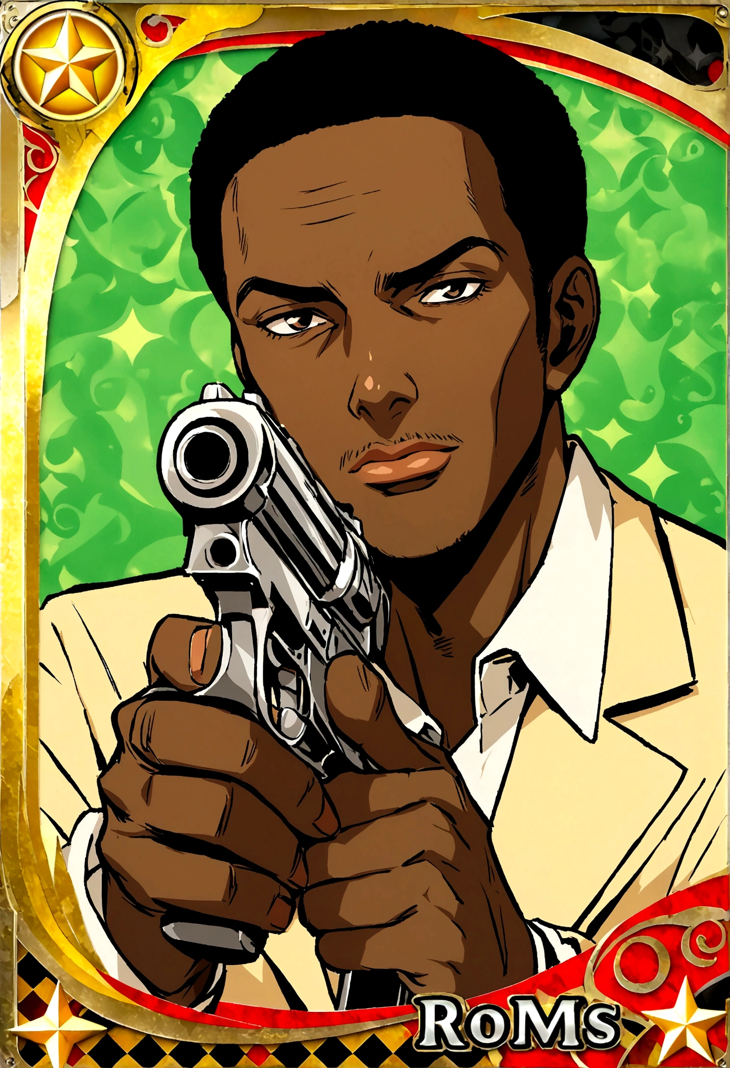 african american man, 1960's style, holding guns, collectible card image