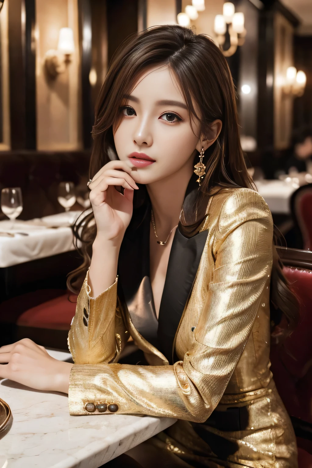 masterpiece, Highest quality, Realistic, Very detailed, Finer details, High resolution, 8k wallpaper, One beautiful woman, Wear a nice suit, In a great restaurant, At night, Light brown messy hair, Perfect dynamic composition, Beautiful and beautiful eyes、Big earrings、Sit on a chair、