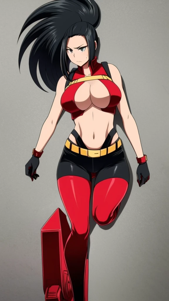 An emo girl shy nervous afraid dumb quiet sexy cute beautiful beautiful big breast long wavy black hair her pink eye she wears a red corset under a black vest shows her navel and a metallic black pants yellow boot long yellow metal gloves