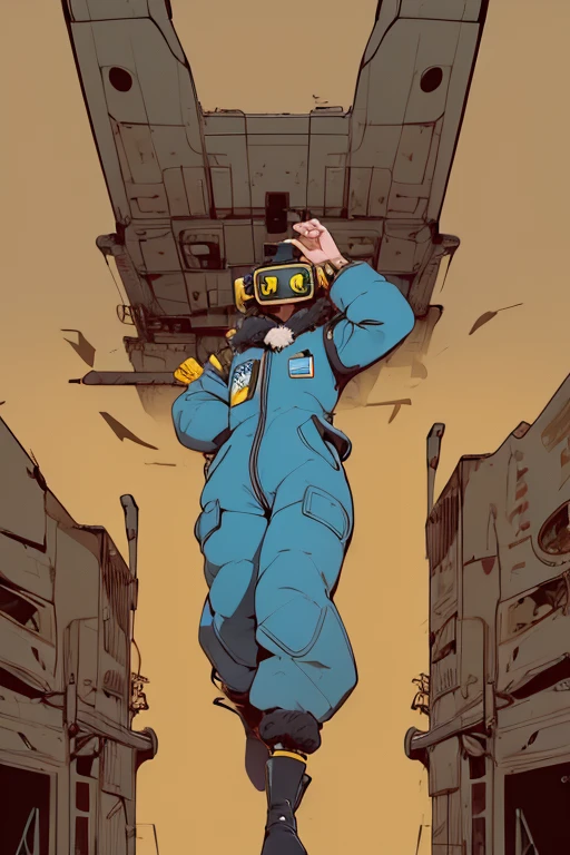 full body image, (ultra detailed,ultra high res,detailed background),((2D)),((flat color)),((muted color)), 1solo, looking at viewer, baggy blue flight suit, large shearling collared bomber jacket, (big yellow galoshes), plush collar, full body image, wearing vr goggles, ((baron desert intricut background)), ((apocalyptic city)), entire body in frame, ((drone next to her))