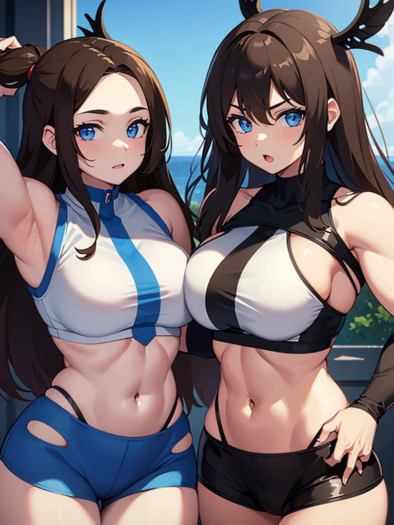 Very very muscular girl with brown hair and blue eyes 