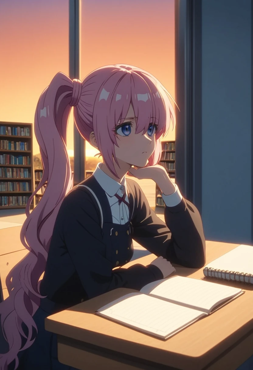 bangs, long hair, hair over eyes, pensive, side ponytail, anime style, UHD, masterpiece, textured skin, highres, best quality, A high school girl rests her chin on her desk while opening a notebook in the library, In the evening, the setting sun is shining through the window