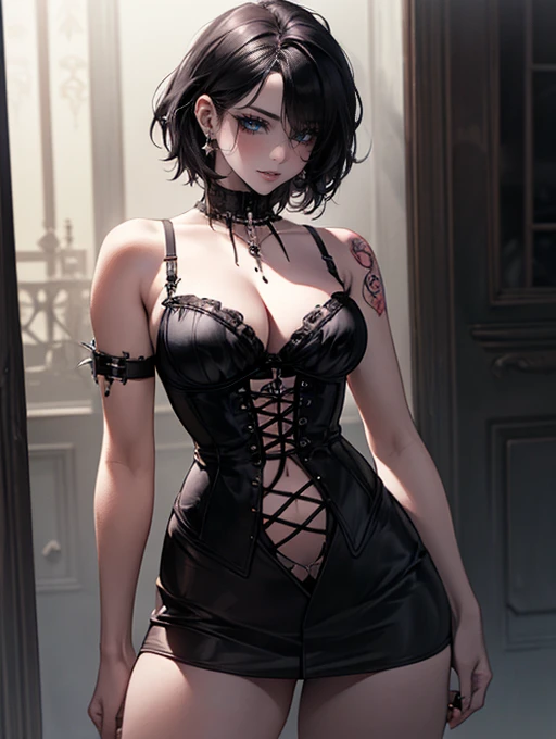(masterpiece:1.2, highest quality), (realistic, photorealistic:1.4), beautiful illustrations, (natural side lighting, movie lighting),
looking at the viewer, Upper body, (Front view), 1 girl, perfect face, Cute symmetrical face, shiny skin, , long eyelash, (large breasts), (wide hips:1.5),short cut hair,
beautiful hair, beautiful face, detailed and beautiful eyes, beautiful body, beautiful breasts, beautiful thighs, beautiful feet, beautiful fingers,
(beautiful scenery),(cute smile:1.3, upper eye), 18yo,pale skin,a woman in black corset and goth hair, with piercings, 1girl, solo, black hair, short hair, ring,(pierce:1.5),(punk style:1.5),(gothic dress),(black lips:1.7),side layered skirt,black bra,(gulp down blood from one's mouth:1.2)