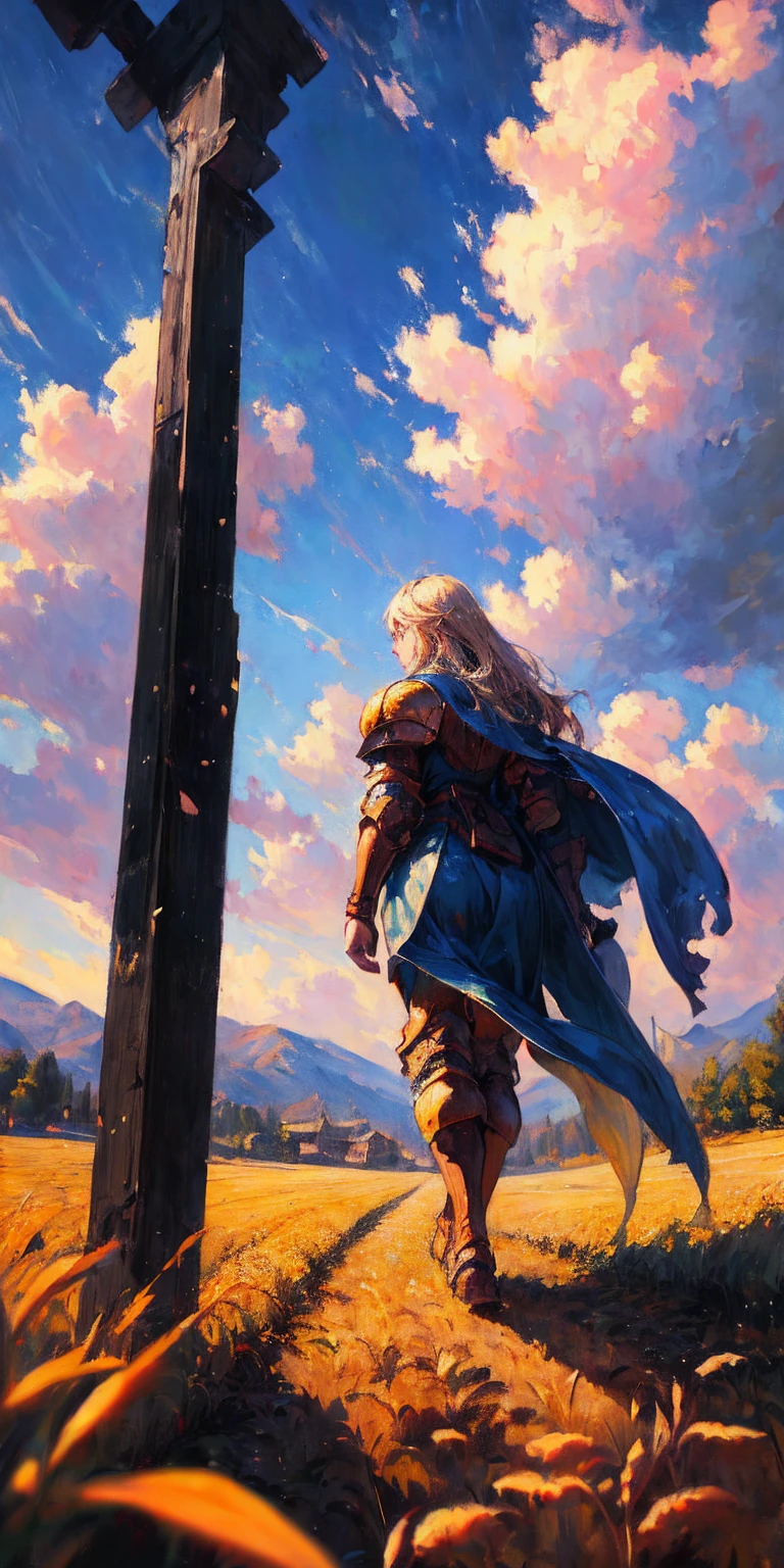 stunning painting of a knight with long blonde hair, wheat field, epic clouds ((painterly)) ((impressionist)) vibrant, soft edges (((warm glow))) full body whole body view from below 1sologirl, feet together, view from below while walking to the viewer