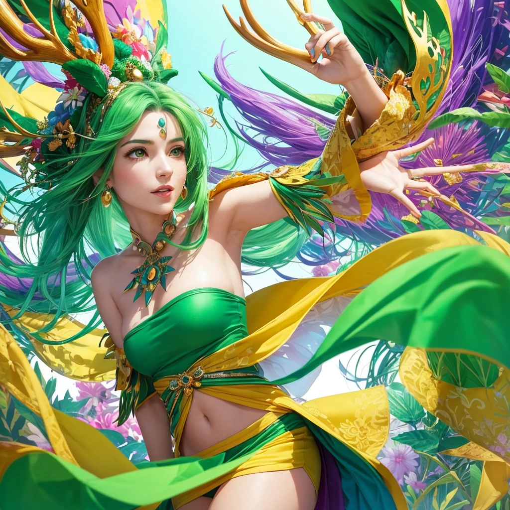 Create an image of a vibrant and creative woman representing an MBTI campaigner (ENFP) type. She is wearing a lively green outfit that highlights her enthusiasm and individuality. She has elegant deer antlers growing from her head, adding a unique and whimsical touch to her appearance. The background should be a colorful and imaginative setting that reflects her love for new experiences and her spontaneous nature.