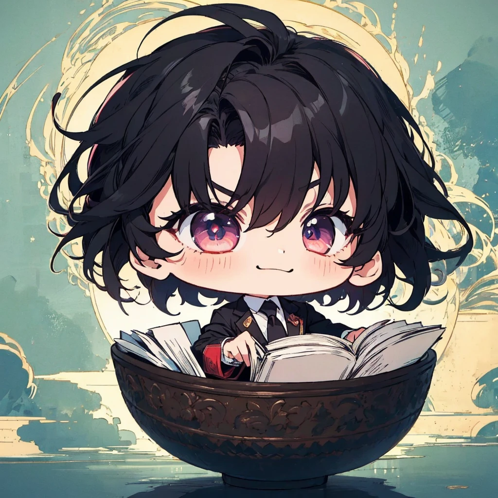 masterpiece , best quality , man , reading , chibi anime man , smile , black hair , suit , solo