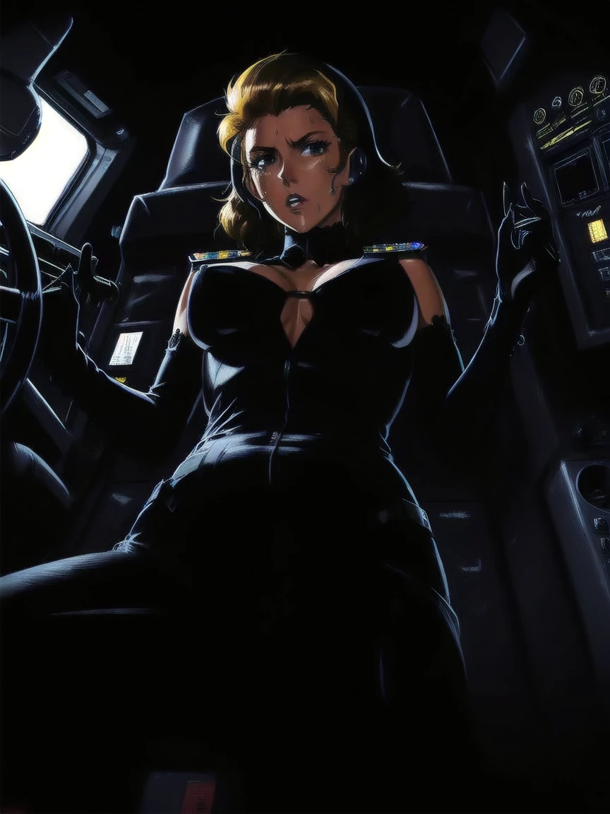 ((gothic vampire piloting in gothic spacecraft)), (((retro anime))), ((from below)), ((120 fov)), ((((gothic control panels)))), ((mature)), (((gothic))), iridescent bodysuit, ((lace accessories)), ((pilot seat)), ((((lying back)) pose)), ((elegant)), (((serious tone))), futuristic, ((cockpit top control panel)), intricate control panel details, 1990s (style), [blushing], sweat, masterpiece, ((claustrophobic)), sparkles, best quality, screens, ((pilot helmet)), ((hands on controls)), night, space, ((cockpit lights))