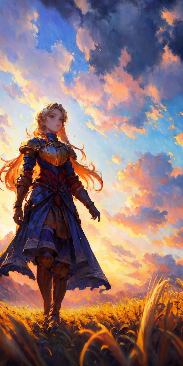 stunning painting of a knight with long blonde hair, wheat field, epic clouds ((painterly)) ((impressionist)) vibrant, soft edges (((warm glow))) full body whole body view from below 1sologirl, feet together, view from below while walking to the viewer