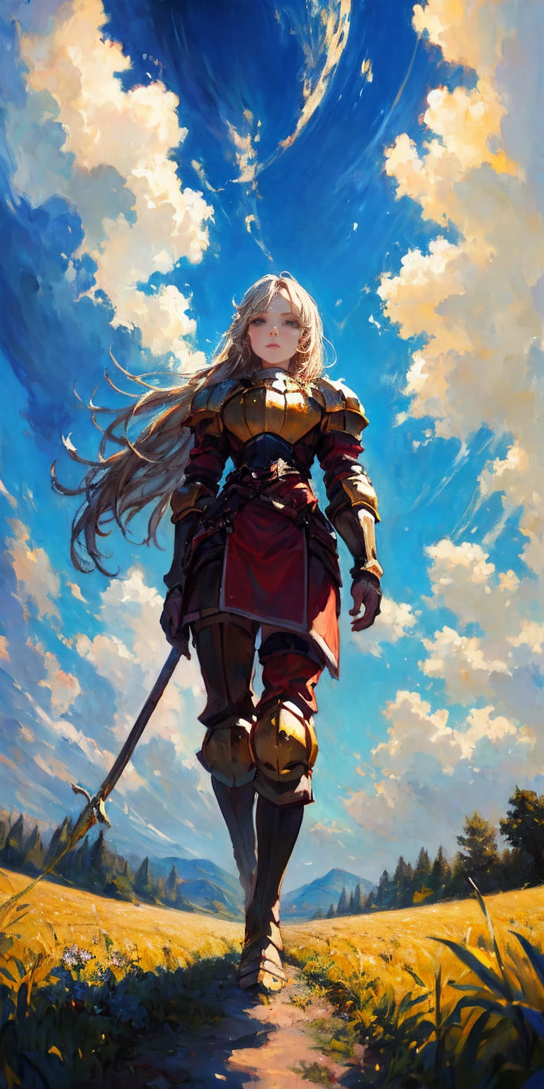 stunning painting of a knight with long blonde hair, wheat field, epic clouds ((painterly)) ((impressionist)) vibrant, soft edges (((warm glow))) full body whole body view from below 1sologirl, feet together, view from below while walking to the viewer