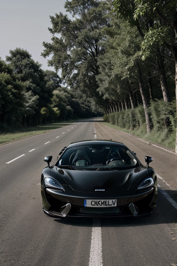 mclaren car in a road , so many trees, black sky , full moon