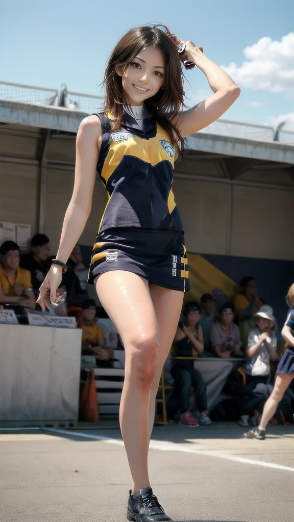 Very cute and beautiful cheerleader girl,(Very exquisite beautiful face and eyes:1.2),(Holding a pom-pom:1.2),(smile),High Kick、White panties are visible、
(Stadium Stands),Cowboy Shot,Dynamic pose,White panties,(Sleeveless orange shirt),Beautiful feet,Dynamic Angle,Black Hair,
(Highest quality,masterpiece:1.2),Intricate details,Very detailed,Super detailed,High resolution,View Viewer,
Natural light,Hair blowing in the wind,Beautifully detailed skies,