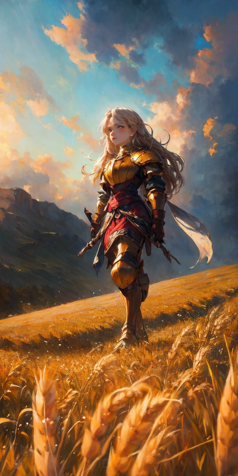 stunning painting of a knight with long blonde hair, wheat field, epic clouds ((painterly)) ((impressionist)) vibrant, soft edges (((warm glow))) full body whole body view from below 1sologirl, feet together, view from below while walking to the viewer