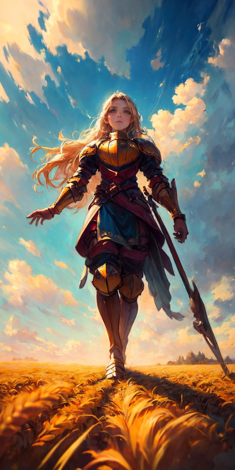 stunning painting of a knight with long blonde hair, wheat field, epic clouds ((painterly)) ((impressionist)) vibrant, soft edges (((warm glow))) full body whole body view from below 1sologirl, feet together, view from below while walking to the viewer