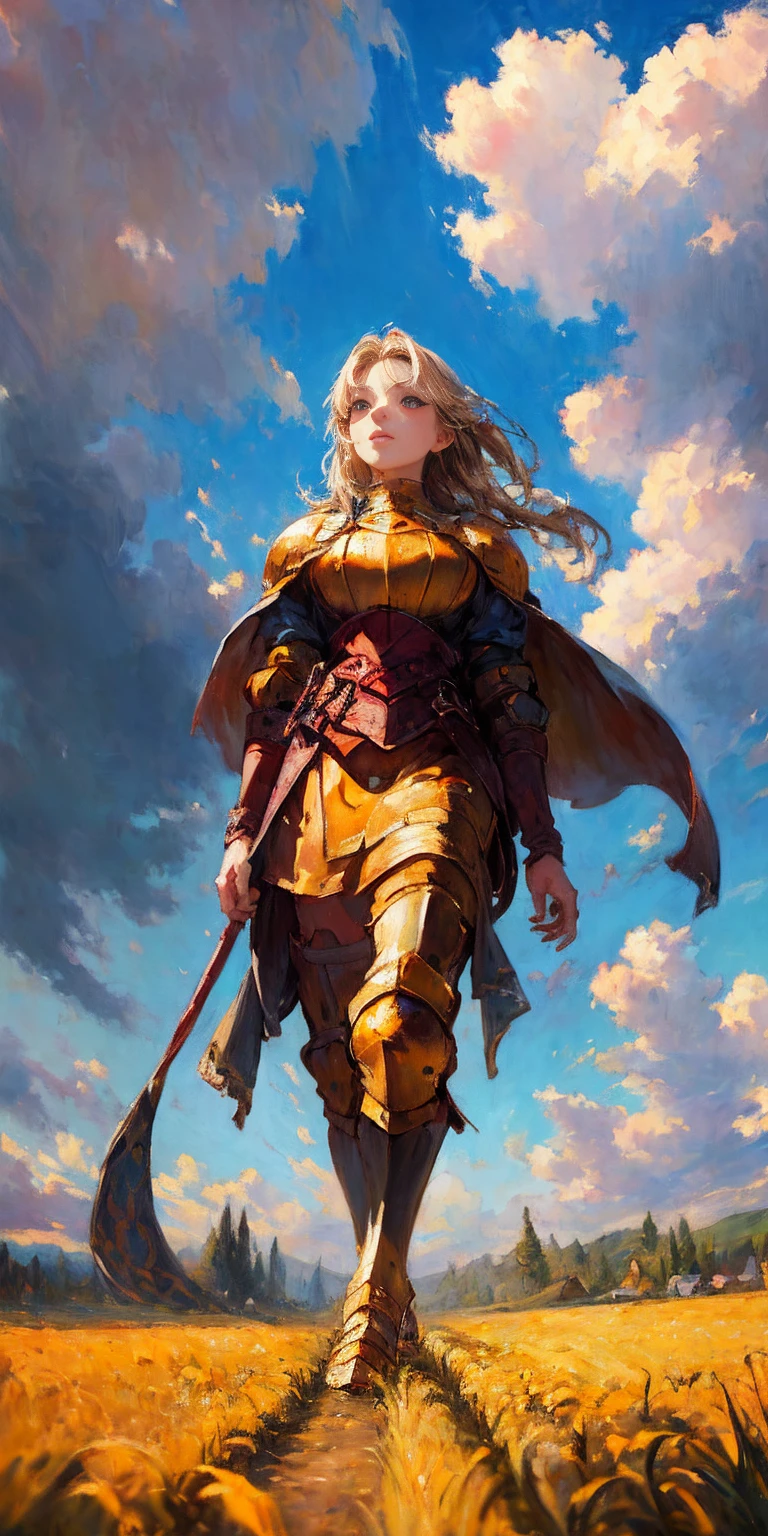 stunning painting of a knight with long blonde hair, wheat field, epic clouds ((painterly)) ((impressionist)) vibrant, soft edges (((warm glow))) full body whole body view from below 1sologirl, feet together, view from below while walking to the viewer