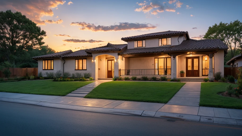 Beautiful house exterior at sunset