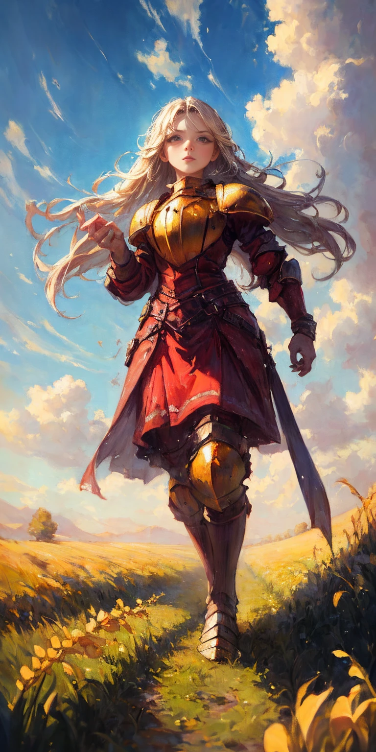 stunning painting of a knight with long blonde hair, wheat field, epic clouds ((painterly)) ((impressionist)) vibrant, soft edges (((warm glow))) full body whole body view from below 1sologirl, feet together, view from below while walking to the viewer