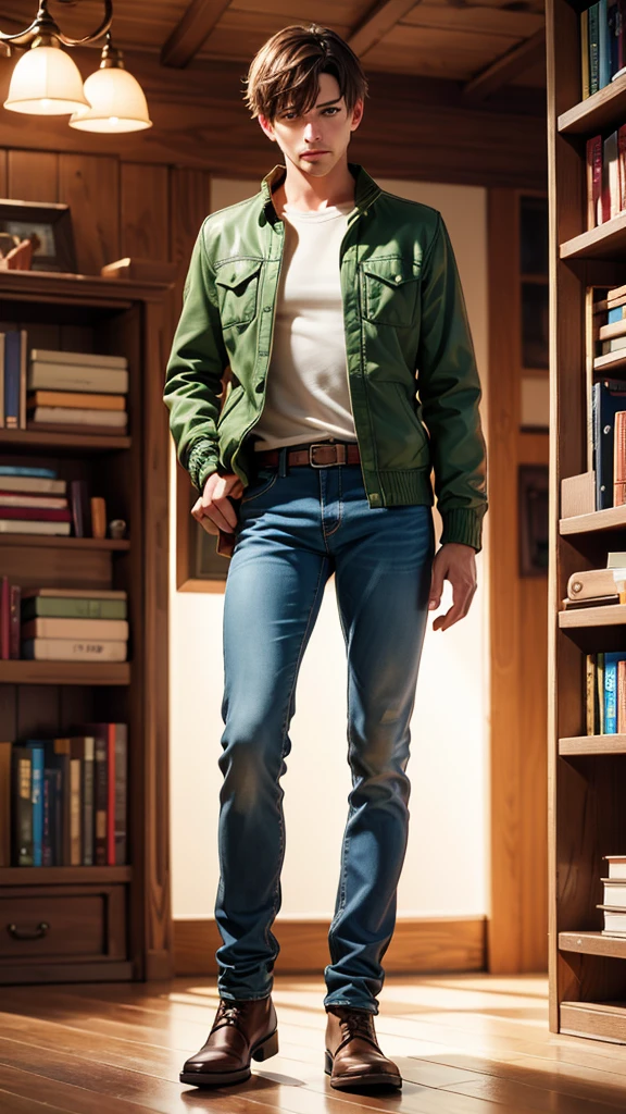 Inside the quaint bookstore, the warm light from the chandeliers illuminates rows of books. Sarah, in her green jacket over a white shirt and blue jeans, sees Mark, the kind-hearted man from the ID, arranging books on a shelf. He's wearing a brown leather jacket and black boots. (best quality, 4k, 8k, highres, masterpiece:1.2), ultra-detailed, (realistic, photorealistic, photo-realistic:1.37), indoor, soft lighting, lively atmosphere).