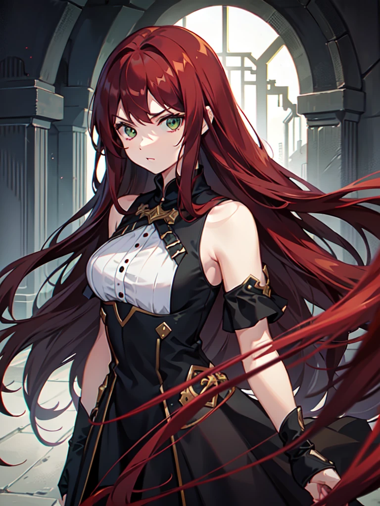 Young girl, long dark red hair, dark hair, sharp eyes, green eyes, sleeveless combat dress, bow, serious look, masterpiece, high quality
