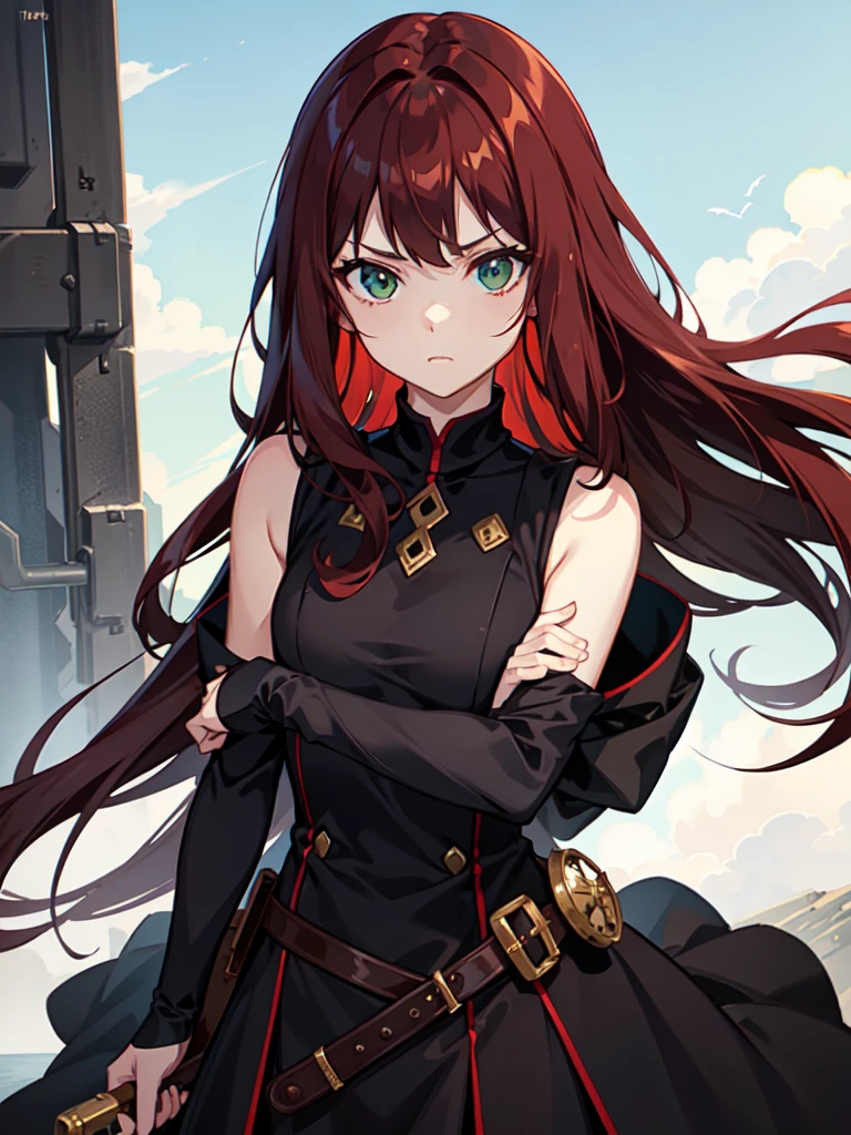 Young girl, long dark red hair, dark hair, sharp eyes, green eyes, sleeveless combat dress, bow, serious look, masterpiece, high quality