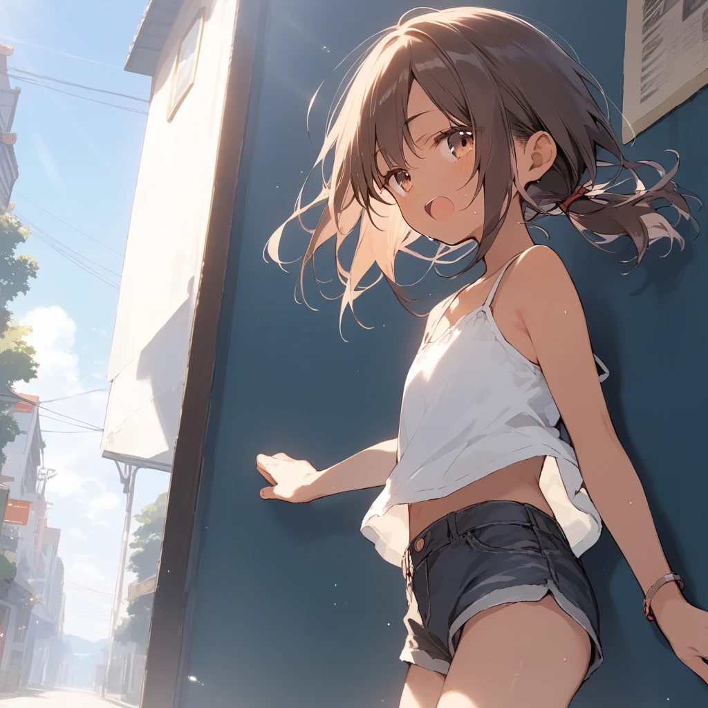 score_9, score_8_up, score_7_up, source_anime, best quality, masterpiece, official art, absurdres, highres, ultra-detailed,waifu2x,Collection: Slice of Life,break,1girl, tomboy, dark-skinned female, short hair, low ponytail, flat chest, beautiful detailed eyes, short shorts, sweat, open mouth, (yawn:0.3), sleepily, outdoors, wind,break,(clear line illustration:1.2), super detailed skin,very high resolution, very aesthetic, Best sexual lighting powered by famous artist, 8k,cute picture,beauty illustration,photoshop_(medium),,(Detailed Lighting),best anime 8k konachan wallpaper, pixiv contest winner,
