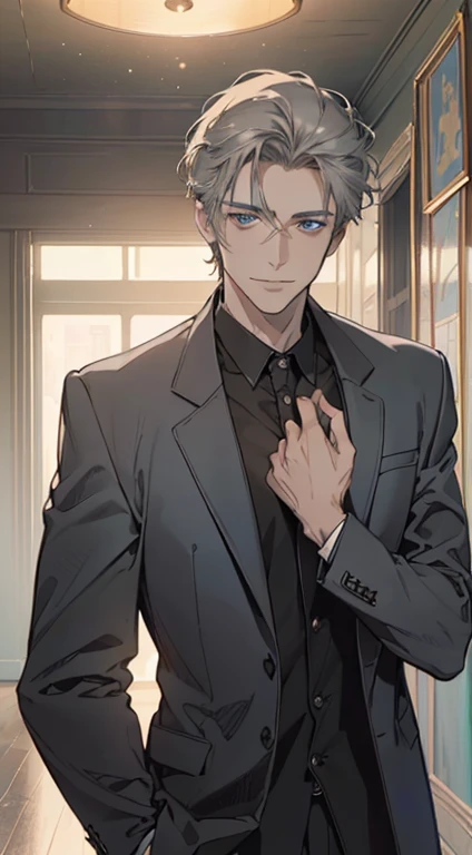 (best quality, masterpiece, 8K, photorealistic, cinematic lighting, 1:4 hdr image, ultra detailed, beautiful image), a mature man, 25 years very handsome, ((cold expression smile in love)), short grey hair, blue eyes, face perfect without mistakes, ((buttoning his jacket, CEO)), smile.